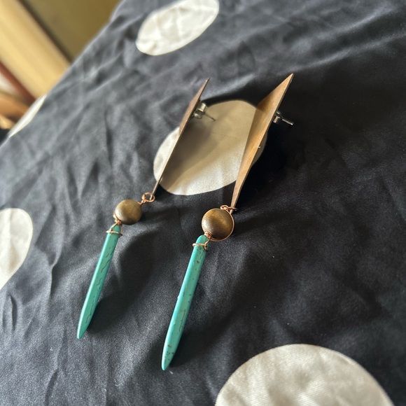 Geometric Brass and Turquoise Earrings - Picture 2 of 4